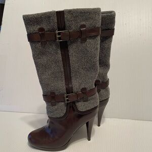 Cole Haan Brown Leather and Gray Wool Heeled Boots